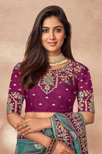 Buy_Khwaab By Sanjana Lakhani_Purple Silk, Georgette Embroidery, Zari Boat Floral Chandelier Woven Saree Set _Online_at_Aza_Fashions
