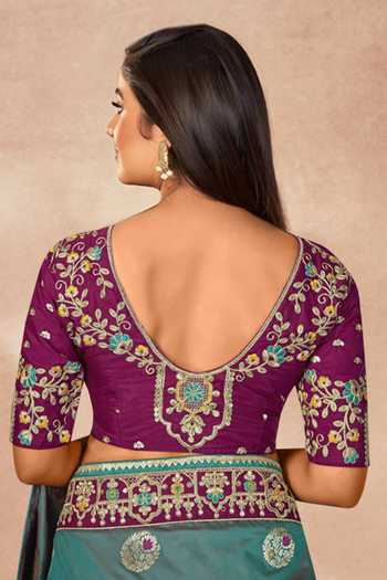 Shop_Khwaab By Sanjana Lakhani_Purple Silk, Georgette Embroidery, Zari Boat Floral Chandelier Woven Saree Set _Online_at_Aza_Fashions