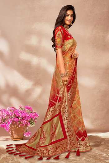 Shop Khwaab By Sanjana Lakhani Yellow Silk Embroidery Asymmetric Floral Geometric Woven Saree And Blouse Online at Aza Fashions Shop_Khwaab By Sanjana Lakhani_Yellow Silk Embroidery Asymmetric Floral Geometric Woven Saree And Blouse _Online_at_Aza_Fashions