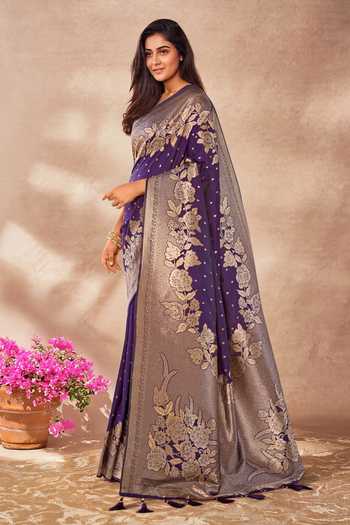 Khwaab By Sanjana Lakhani_Purple , Satin Embroidery, Tassels Flower Vine Woven Saree And Blouse Set _Online_at_Aza_Fashions
