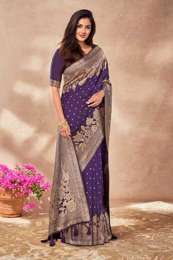 Buy_Khwaab By Sanjana Lakhani_Purple , Satin Embroidery, Tassels Flower Vine Woven Saree And Blouse Set _Online_at_Aza_Fashions