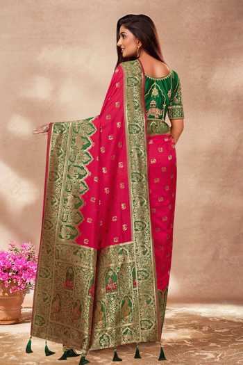Shop Khwaab By Sanjana Lakhani Pink Silk Embroidery, Sequins Round Neck Palatial Pattern Woven Saree And Blouse at Aza Fashions Shop_Khwaab By Sanjana Lakhani_Pink Silk Embroidery, Sequins Round Neck Palatial Pattern Woven Saree And Blouse _at_Aza_Fashions