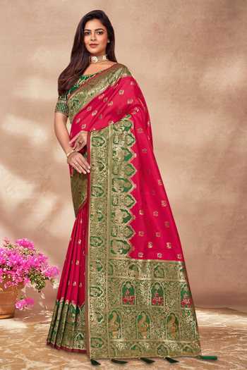 Khwaab By Sanjana Lakhani Pink Silk Embroidery, Sequins Round Neck Palatial Pattern Woven Saree And Blouse Online at Aza Fashions Khwaab By Sanjana Lakhani_Pink Silk Embroidery, Sequins Round Neck Palatial Pattern Woven Saree And Blouse _Online_at_Aza_Fashions