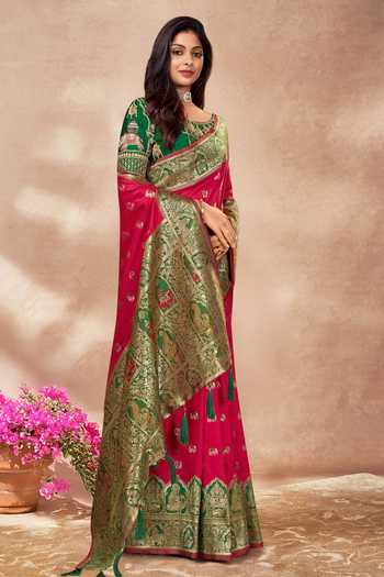 Buy Khwaab By Sanjana Lakhani Pink Silk Embroidery, Sequins Round Neck Palatial Pattern Woven Saree And Blouse Online at Aza Fashions Buy_Khwaab By Sanjana Lakhani_Pink Silk Embroidery, Sequins Round Neck Palatial Pattern Woven Saree And Blouse _Online_at_Aza_Fashions
