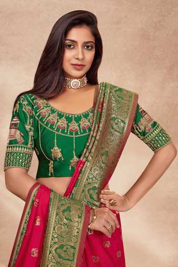 Shop Khwaab By Sanjana Lakhani Pink Silk Embroidery, Sequins Round Neck Palatial Pattern Woven Saree And Blouse Online at Aza Fashions Shop_Khwaab By Sanjana Lakhani_Pink Silk Embroidery, Sequins Round Neck Palatial Pattern Woven Saree And Blouse _Online_at_Aza_Fashions