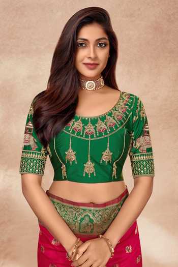 Khwaab By Sanjana Lakhani Pink Silk Embroidery, Sequins Round Neck Palatial Pattern Woven Saree And Blouse at Aza Fashions Khwaab By Sanjana Lakhani_Pink Silk Embroidery, Sequins Round Neck Palatial Pattern Woven Saree And Blouse _at_Aza_Fashions
