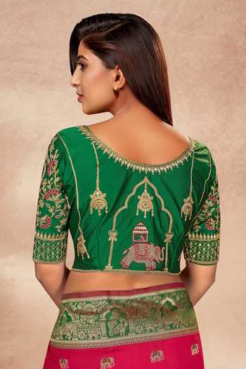Buy Khwaab By Sanjana Lakhani Pink Silk Embroidery, Sequins Round Neck Palatial Pattern Woven Saree And Blouse Buy_Khwaab By Sanjana Lakhani_Pink Silk Embroidery, Sequins Round Neck Palatial Pattern Woven Saree And Blouse