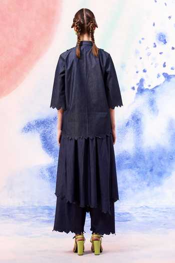 Ilk Navy Embroidery Collared Root Cutwork Hem Shirt  2