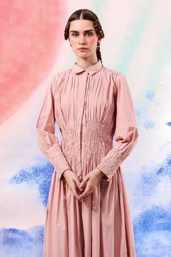 Ilk_Blush Poplin Embroidery Collared Otter Midi Dress _Online_at_Aza_Fashions