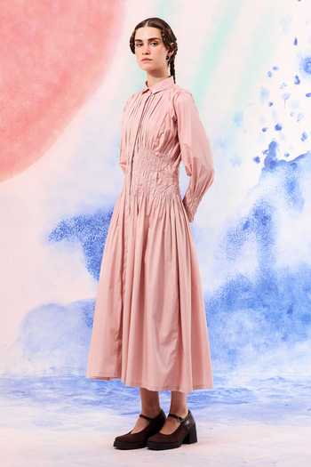 Buy_Ilk_Blush Poplin Embroidery Collared Otter Midi Dress _Online_at_Aza_Fashions