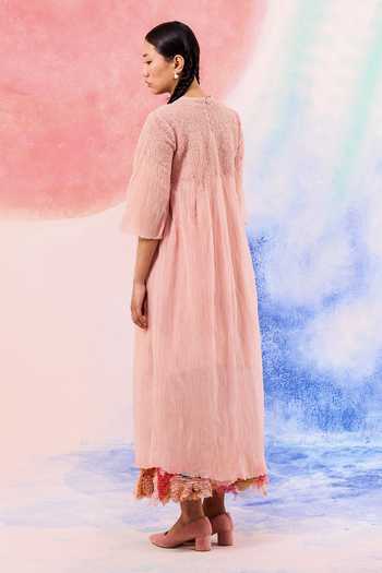 Ilk_Blush Silk, Muslin Embroidery Round Neck Fawn Textured Bodice Dress _Online_at_Aza_Fashions