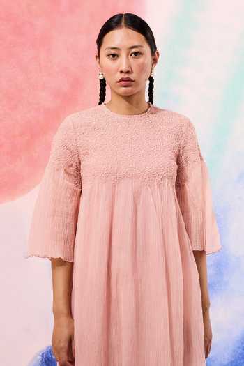 Buy_Ilk_Blush Silk, Muslin Embroidery Round Neck Fawn Textured Bodice Dress _Online_at_Aza_Fashions