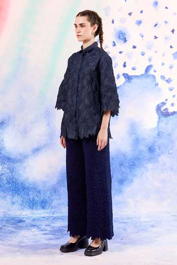 Shop_Ilk_Navy Cotton Embroidery Reef Smocked Pant _Online_at_Aza_Fashions
