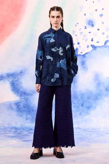 Ilk_Navy Silk Embroidery Collared Midnight Lichen Link Shirt _Online_at_Aza_Fashions