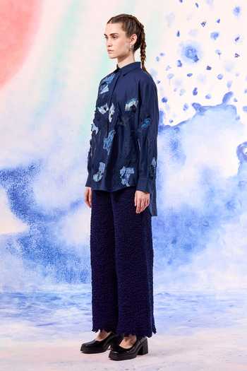 Buy_Ilk_Navy Silk Embroidery Collared Midnight Lichen Link Shirt _Online_at_Aza_Fashions