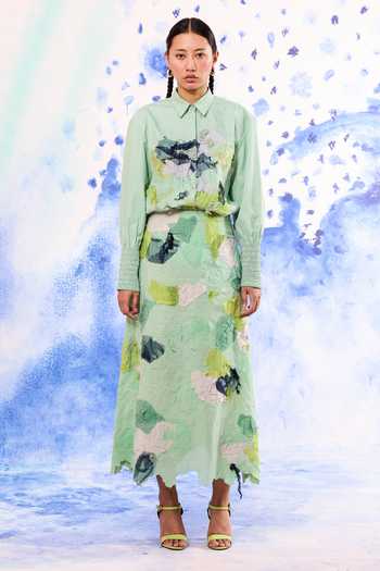 Ilk_Green Poplin Embroidery Collared Lichen Center Shirt _Online_at_Aza_Fashions