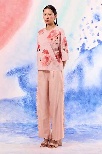 Ilk_Blush Poplin Embroidery Round Neck Lichen Patchwork T-shirt _Online_at_Aza_Fashions