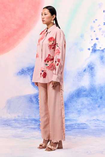 Ilk_Blush Poplin Embroidery Collared Lichen Link Shirt _Online_at_Aza_Fashions