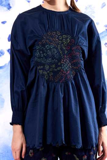 Shop Ilk Green Cambric Embroidery, Smocking Round Neck Nightcrawler Smocked Blouse Online at Aza Fashions Shop_Ilk_Green Cambric Embroidery, Smocking Round Neck Nightcrawler Smocked Blouse _Online_at_Aza_Fashions