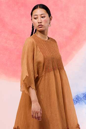 Ilk_Tan Muslin Embroidery Round Neck Dune Riase Midi Dress _Online_at_Aza_Fashions