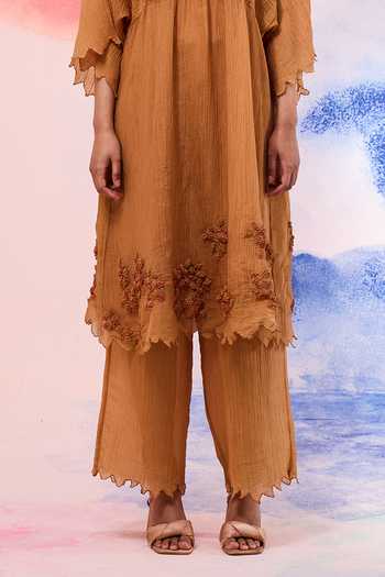 Buy_Ilk_Tan Muslin Embroidery Round Neck Dune Riase Midi Dress _Online_at_Aza_Fashions