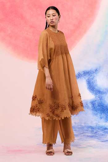 Shop_Ilk_Tan Muslin Embroidery Round Neck Dune Riase Midi Dress _Online_at_Aza_Fashions