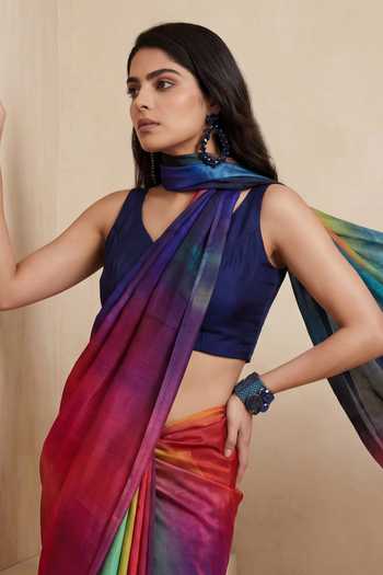 Shop_Satya Paul_Blue Silk, Crepe Spectrum Print Saree _Online_at_Aza_Fashions