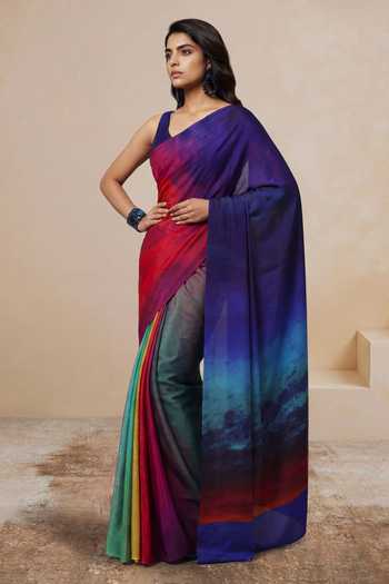 Satya Paul_Blue Silk, Crepe Spectrum Print Saree _at_Aza_Fashions