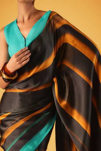 Satya Paul_Black Georgette, Satin Golden Years Printed Saree _at_Aza_Fashions