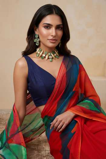 Satya Paul_Blue Silk, Chiffon A Song In Scarlet Printed Saree _Online_at_Aza_Fashions