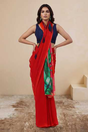 Buy_Satya Paul_Blue Silk, Chiffon A Song In Scarlet Printed Saree _Online_at_Aza_Fashions