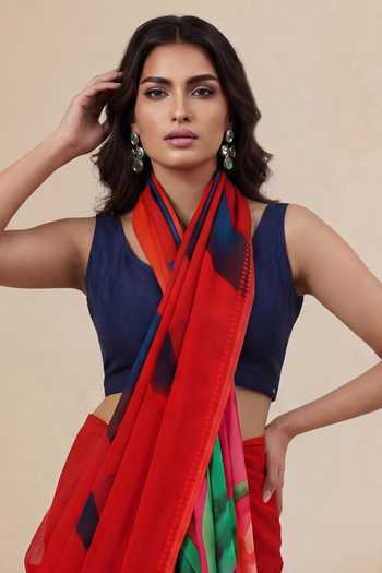 Shop_Satya Paul_Blue Silk, Chiffon A Song In Scarlet Printed Saree _Online_at_Aza_Fashions