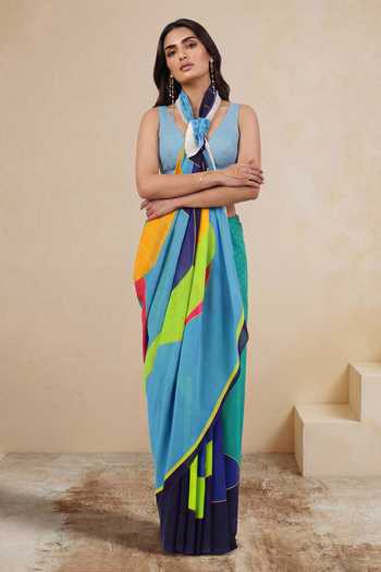 Buy_Satya Paul_Blue Silk, Georgette Deep Sea Printed Saree _Online_at_Aza_Fashions