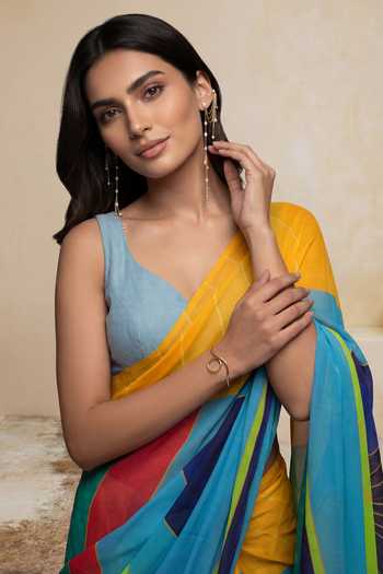 Shop_Satya Paul_Blue Silk, Georgette Deep Sea Printed Saree _Online_at_Aza_Fashions