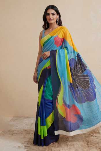 Satya Paul_Blue Silk, Georgette Deep Sea Printed Saree _at_Aza_Fashions