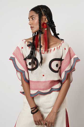 Shwetanga_Blue Cotton, Linen Embroidery Square Neck Eye Patchwork Kaftan And Pant Set _Online_at_Aza_Fashions