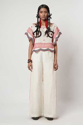 Shop_Shwetanga_Blue Cotton, Linen Embroidery Square Neck Eye Patchwork Kaftan And Pant Set _Online_at_Aza_Fashions