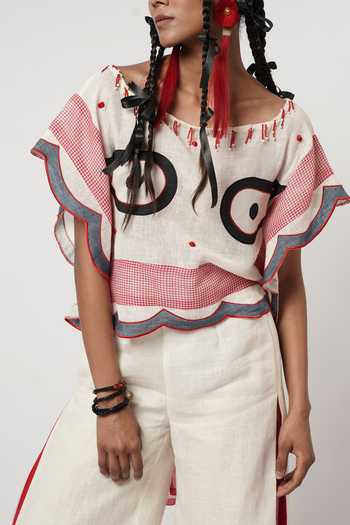 Shwetanga_Blue Cotton, Linen Embroidery Square Neck Eye Patchwork Kaftan And Pant Set _at_Aza_Fashions