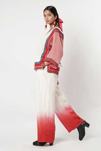 Shwetanga_Ivory Cotton, Linen V-neck Ombre Panelled Top And Pant Set _Online_at_Aza_Fashions