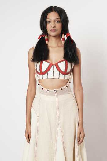 Shwetanga_Red Cotton Embroidery, Beads Round Neck, Mesh Embellished Kurta Sharara Set _Online_at_Aza_Fashions
