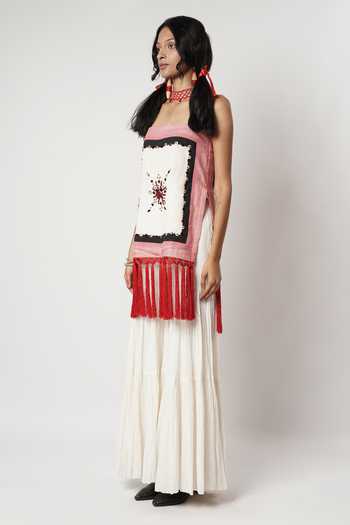 Shwetanga_Red Cotton, Linen Beads, Fringe Bandeau Neck Embroidered Kurta Sharara Set _Online_at_Aza_Fashions