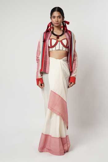 Shwetanga_Red Cotton, Linen Beads Collared Checkered Pattern Shirt Skirt Set _Online_at_Aza_Fashions