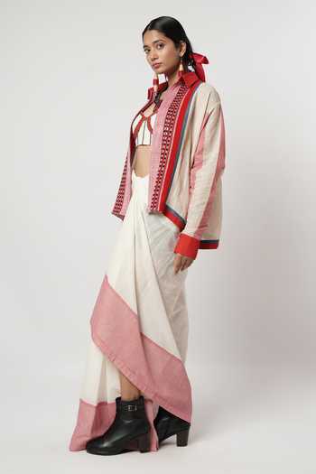 Buy_Shwetanga_Red Cotton, Linen Beads Collared Checkered Pattern Shirt Skirt Set _Online_at_Aza_Fashions