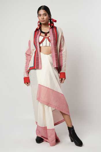 Shop_Shwetanga_Red Cotton, Linen Beads Collared Checkered Pattern Shirt Skirt Set _Online_at_Aza_Fashions