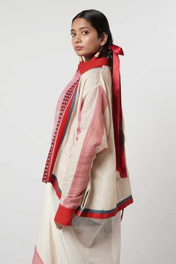 Shwetanga_Red Cotton, Linen Beads Collared Checkered Pattern Shirt Skirt Set _at_Aza_Fashions