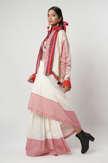 Buy_Shwetanga_Red Cotton, Linen Beads Collared Checkered Pattern Shirt Skirt Set 