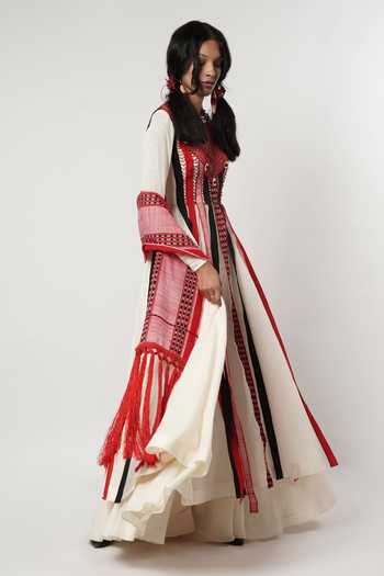 Shwetanga_Ivory Cotton Tassels, Fringe Round Neck Floating Panelled Anarkali Sharara Set _Online_at_Aza_Fashions