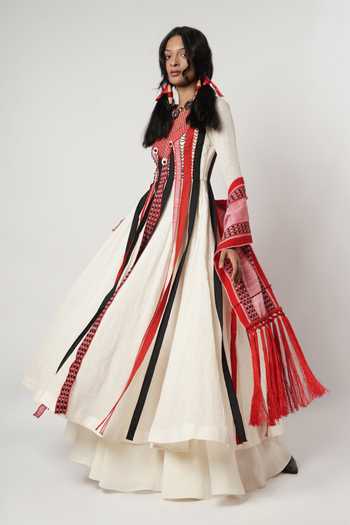 Shop_Shwetanga_Ivory Cotton Tassels, Fringe Round Neck Floating Panelled Anarkali Sharara Set _Online_at_Aza_Fashions