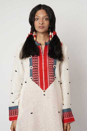 Buy_Shwetanga_Ivory Cotton, Linen Beads V-neck Yoke Embellished Kurta And Pant Set _Online_at_Aza_Fashions