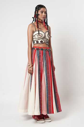 Shwetanga_Red Cotton Beads, Fabric Flowers Sweetheart Panelled Naga Skirt And Bustier Set _Online_at_Aza_Fashions